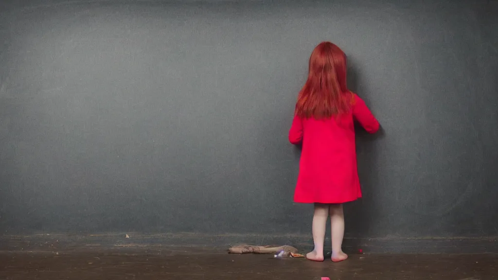 Image similar to colour photograph of a child questioned at the blackboard, red hair, shy, inspired by Gregory Crewdson