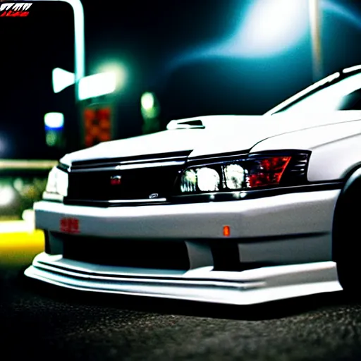 Image similar to a car JZX100 twin turbo drift at illegal car meet, Shibuya prefecture, city midnight mist lights, cinematic lighting, photorealistic, highly detailed wheels, high detail