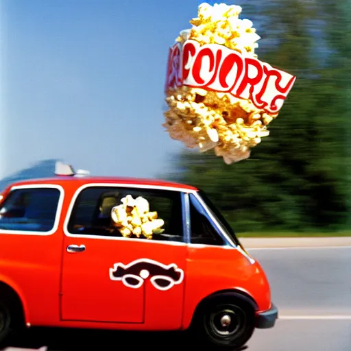 Image similar to a car with a big smile it’s bringing you some popcorn with a metal arm highway daytime photo 35mm lens