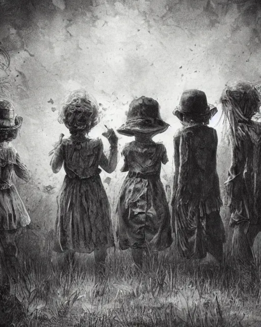 Image similar to group of creepy children staring out, black and white, victorian, ultra realistic, concept art, intricate details, horror, cinematic, highly detailed