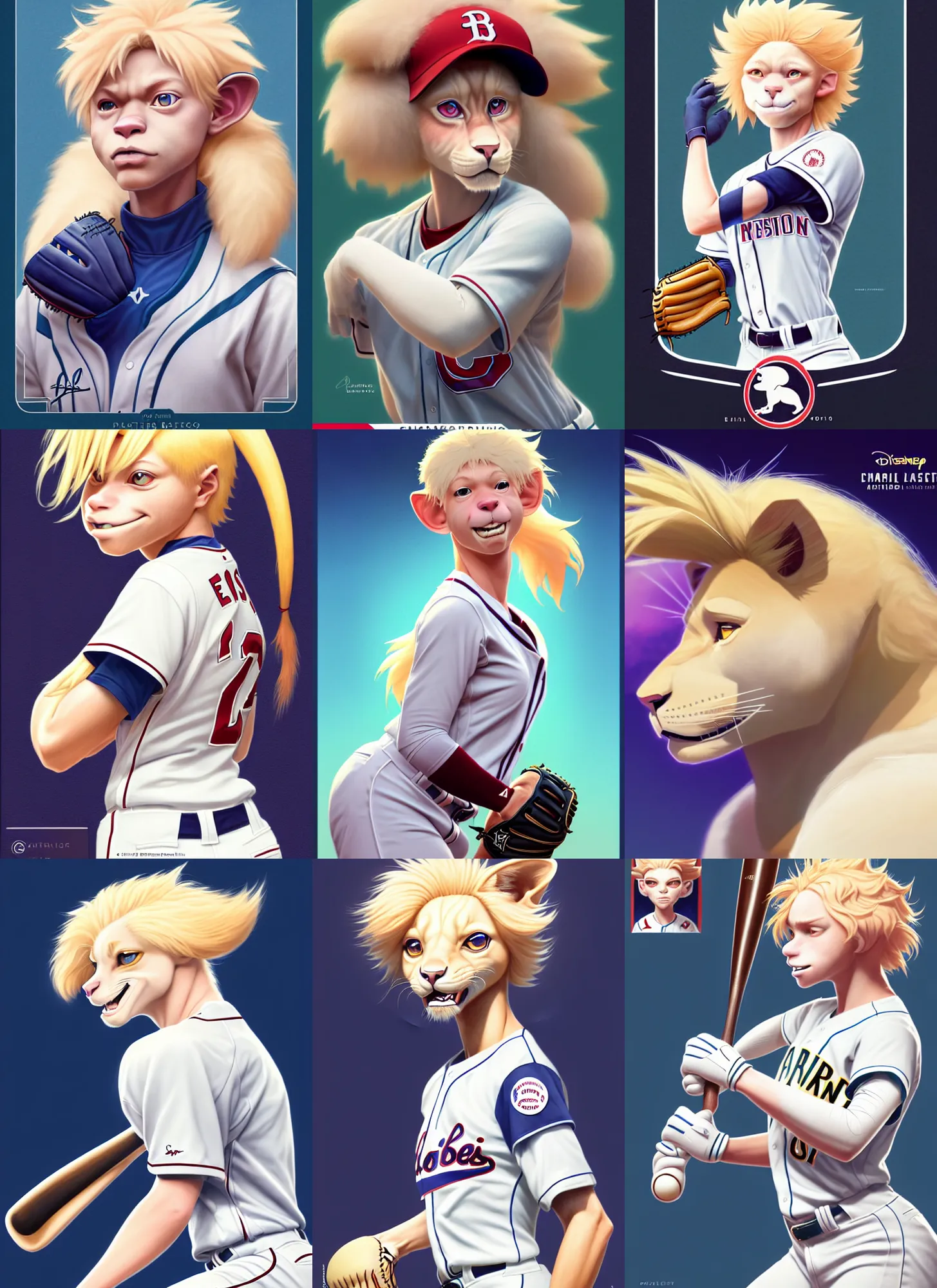 Prompt: beautiful baseball card portrait of a female anthropomorphic albino lioness fursona baseball player. character design by disney, charlie bowater, ross tran, artgerm, and makoto shinkai, detailed, soft lighting, rendered in octane