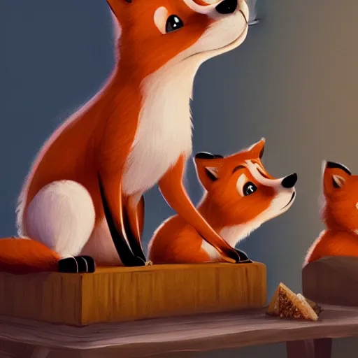 Prompt: foxes judging a cheese competition, furry, cute, disney concept art, pixar, artstation, detailed, award winning, dramatic lighting, snooty expression, silly, cute