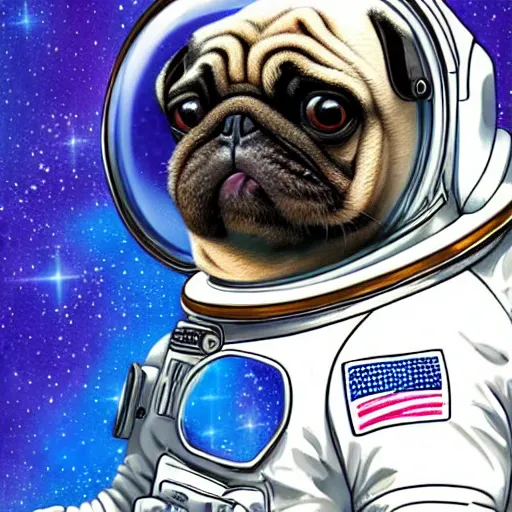 Image similar to hyper realistic, highly detailed, astronaut pug in space.