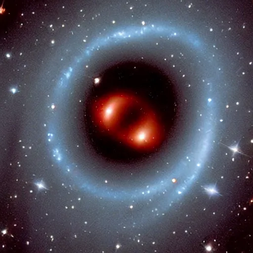 Image similar to a black hole on a background full of stars, gravitational lense, Hubble photograph