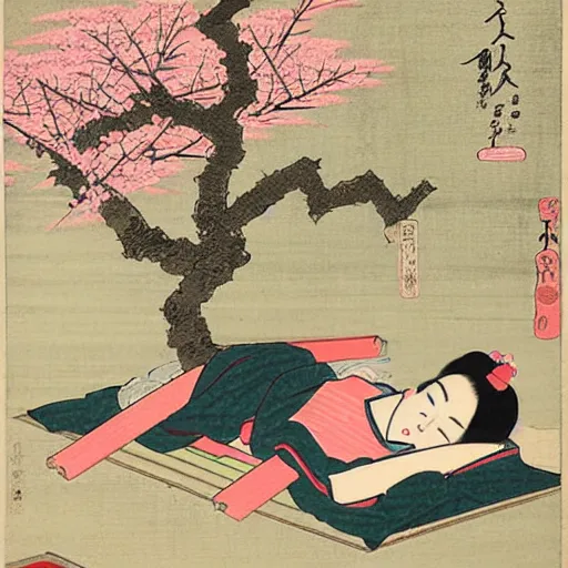 Prompt: japanese edo period woodblock print of a girl laying underneath pink blossoming cherry trees in the background