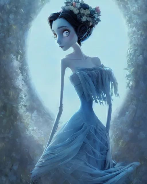 Image similar to elegant mysterious solemn victoria everglot from the corpse bride, portrait, illustration, rim light, top light, summer clear blue sky, perfectly shaded, soft painting, art by krenz cushart and wenjun lin