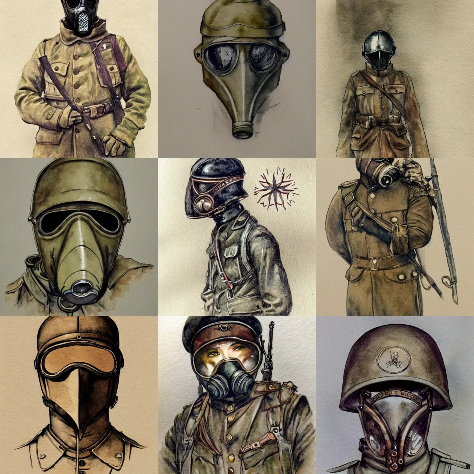 Prompt: beautiful aesthetic inspirational masterful professional ink pen and watercolor sketch of an occult mystical 1 9 1 0 s ww 1 - era soldier in ww 1 verdun gas mask, ultra detailed, fine details, trending on artstation, high quality paper