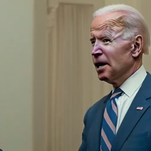 Prompt: A still of Joe Biden as both of the twins in The Shining