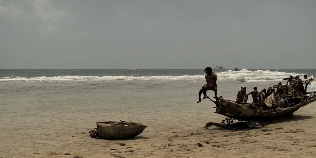 Image similar to sri lankan mad max style, boat, ocean, film still, epic shot cinematography, rule of thirds