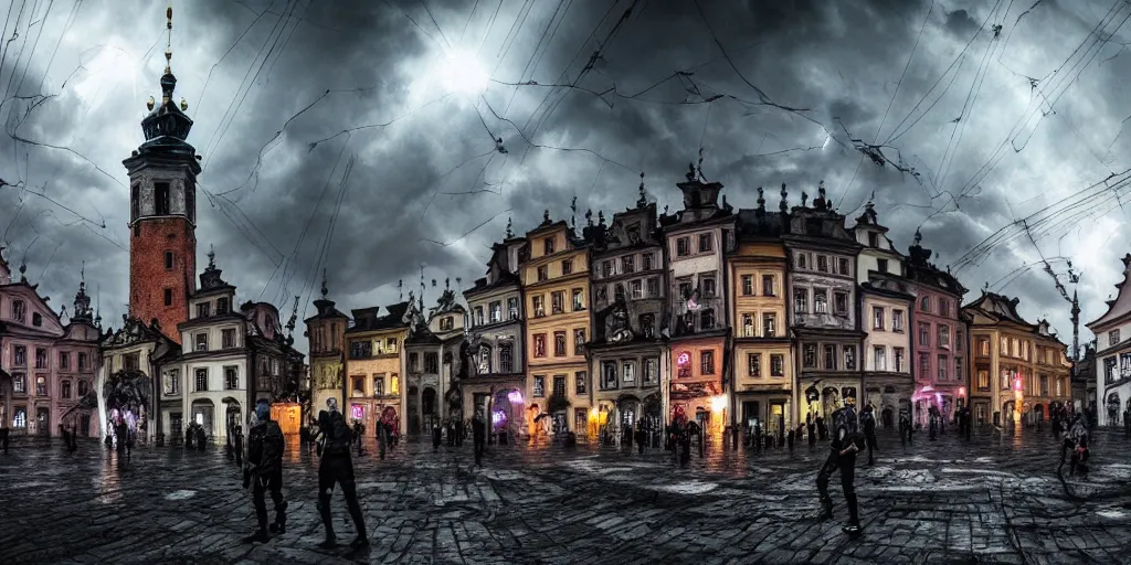 Image similar to Futuristic Cypher punk Cracow town Poland Cracow , dramatic lighting , insanely detailed, art station, 8K HD resolution , dramatic lighting, thunders