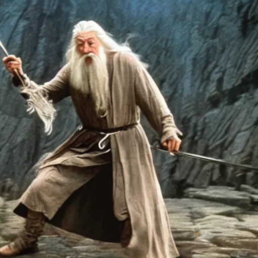 Image similar to movie still of gandalf dabbing as he comes to the rescue of helm's deep