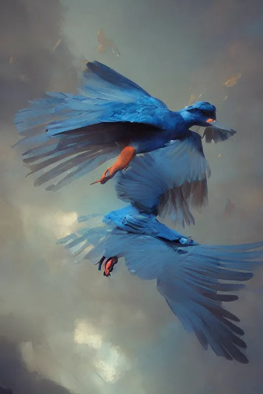 Prompt: birds flying, flock of blue birds, oil painting, sunlit, paint texture, digital painting, highly detailed, artstation, sharp focus, illustration, concept art, ruan jia, charlie bowater, tom bagshaw, norman rockwell