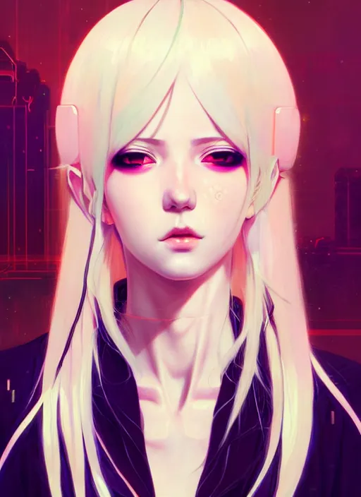 Image similar to portrait Anime girl cyberpunk, cute-fine-face, white-hair pretty face, realistic shaded Perfect face, fine details. Anime, cyberpunk. realistic shaded lighting by Ilya Kuvshinov and Gustav Klimt