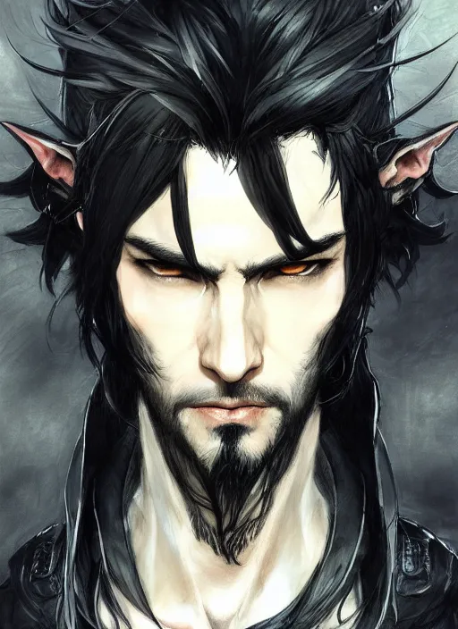 Image similar to Half body portrait of a handsome elven warrior with long black hair and facial hair wearing a black jacket. In style of Yoji Shinkawa and Hyung-tae Kim, trending on ArtStation, dark fantasy, great composition, concept art, highly detailed.