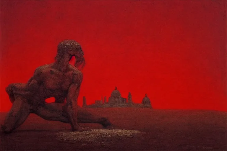 Image similar to only with red, caesar after war, the great deal, a red tiger, in hoc signo vinces, rome in background, an ancient path, in the style of beksinski, part by hopper, part by rodcenko, part by hofbauer, intricate composition, red by caravaggio, insanely quality, highly detailed, masterpiece, red light, artstation