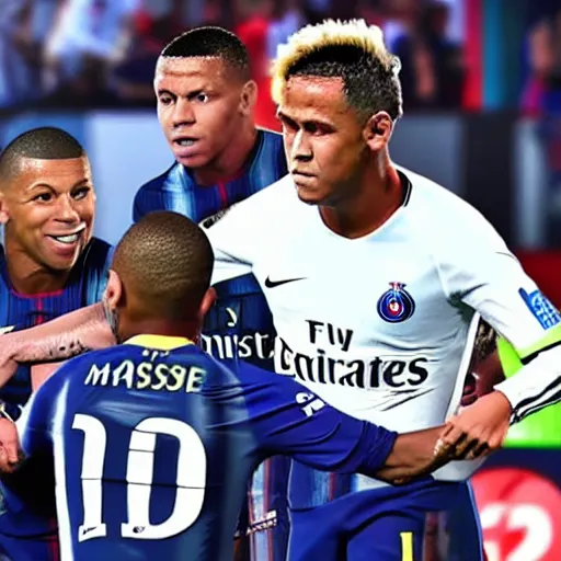Prompt: messi ronaldo neymar and mbappe playing together for paris saint-germain 4k very detailed realistic