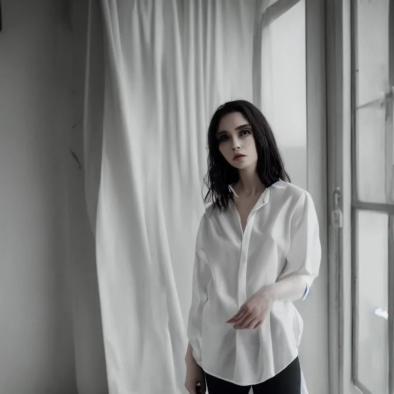 Prompt: cute sasha blouse in a white room, beautiful face, pale skin, rule of thirds, cinematic lighting, rainy weather, melancholy atmosphere, sharp focus, backlit, stunning, model agency, smooth, hard focus, full body shot, instagram photo, shot on iphone 1 3 pro max, hyper realistic,