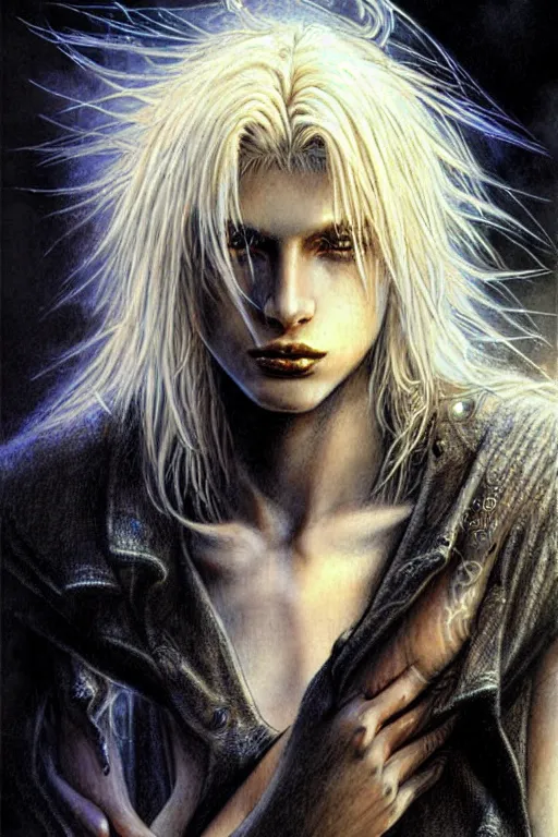 Prompt: character art by luis royo, young man, blonde hair, on fire, fire powers