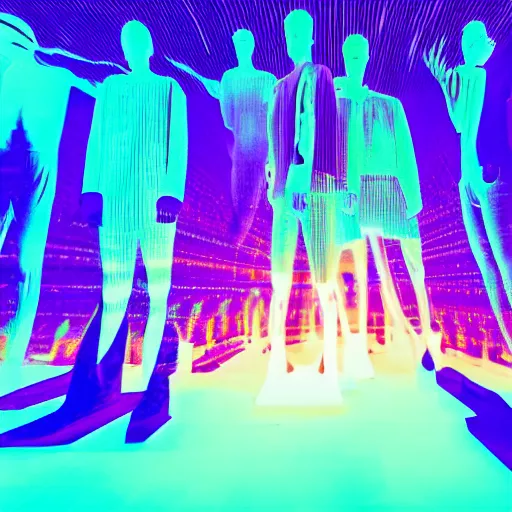 Image similar to a group of people standing in front of a display of illuminated figures, a hologram by stanley twardowicz, trending on shutterstock, holography, dystopian art, stockphoto, 8 k, global illumination, blue violet color pallete