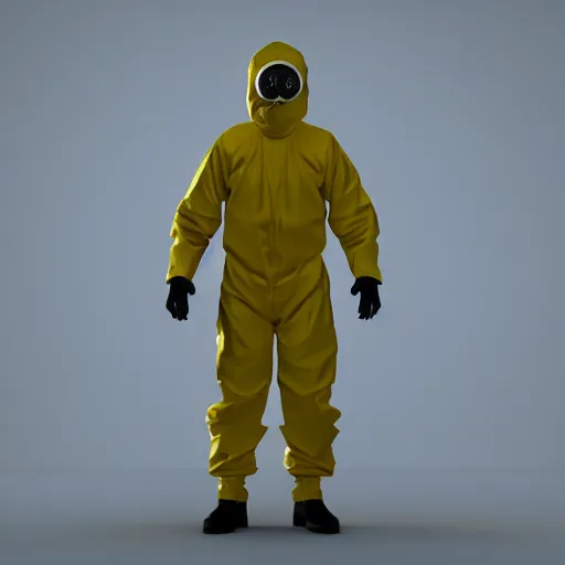 Prompt: a man wearing a hazmat suit and gasmask, realistic blender render, concept