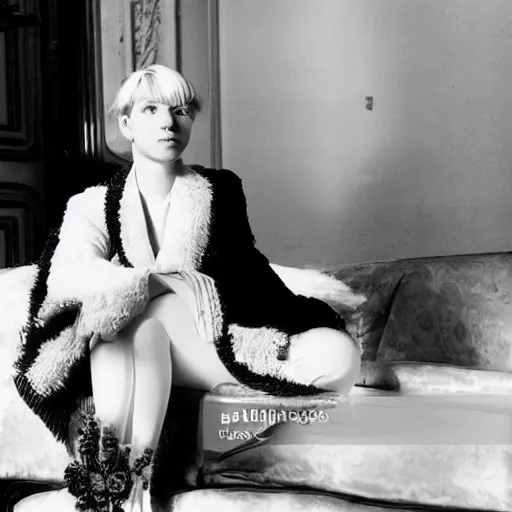 Image similar to 19-year-old Aristocratic platinum-blonde-haired hime-cut blue-eyed French empress wearing white leggings and black jacket, sitting in French apartment, communist city, futuristic city