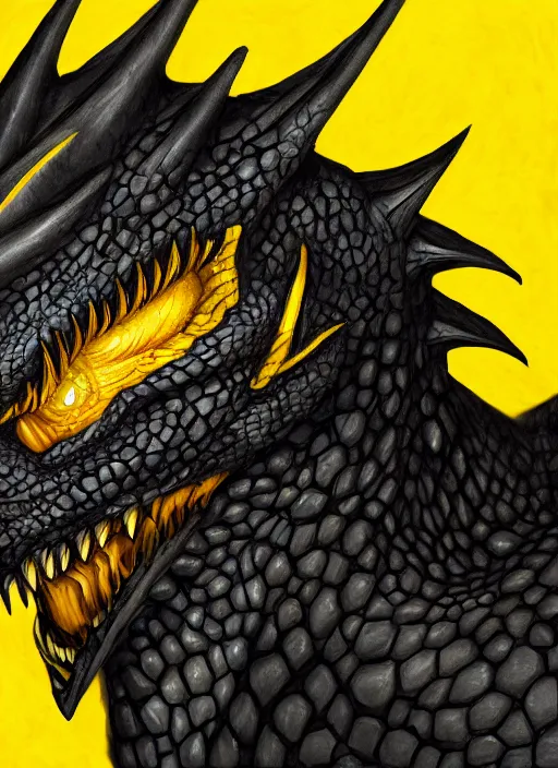 Image similar to closeup portrait of black dragon head with yellow eyes, ultra realistic, fantasy, magic, dnd,