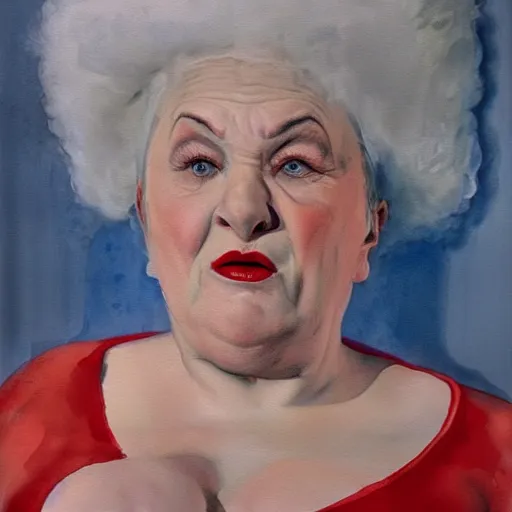 Image similar to a very funny fellini cinematic style. of a sweet fat old woman kissing her reflection. symmetrical face, red mouth, blue eyes. a flowered dress. a hyper - realistic scene. 3 d, octane processing, deep focus, white scene. a very funny and sweet scene. unreal engine. watercolor. freud painting style