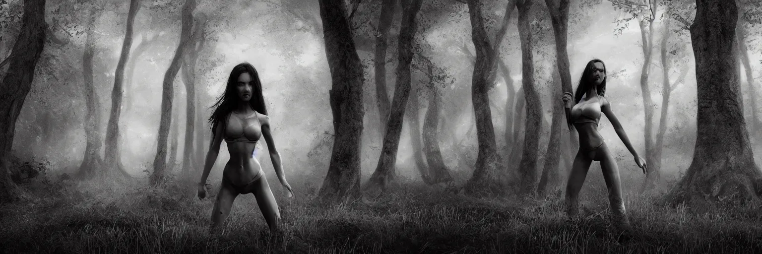 Prompt: epic fantasy render of a skinny girl body, long dark hairs, posing, woods, black and white, highly detailed, cinematic, hyperrealism, dynamic lighting, up light, octane render