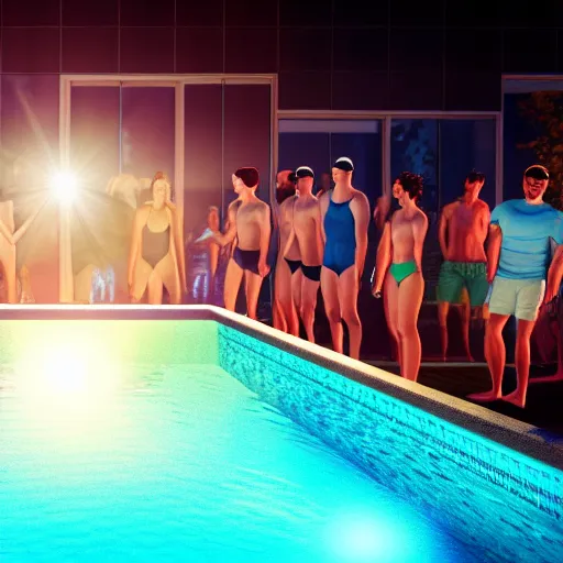 Image similar to a photo of a group of friends about to jump in a swimming pool ultra realistic, lens flare, atmosphere, glow, detailed, intricate, full of colour, cinematic lighting, trending on artstation, 4 k, hyperrealistic, focused, extreme details, unreal engine 5, cinematic, masterpiece, ultra realistic, hyper realistic, highly detailed, sharp focus, digital art