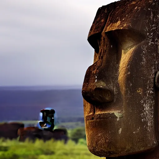 Image similar to a high detail photo of a moai wearing headphones, subject: moai, subject detail: wearing headphones