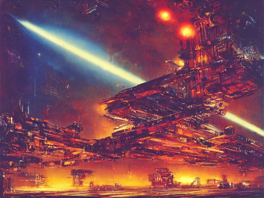 Image similar to C-beams glittering in the dark near the Tannhäuser Gate by john harris and john berkey, matte, masterpiece, atmospheric, wide angle shot