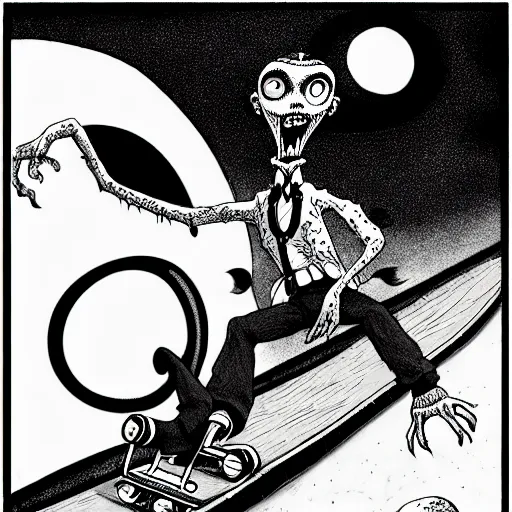 Image similar to black and white trippy comic art of dracularoller skating on roller skates, drawn by martin rowson, tim burton, studio ghibli, alex pardee, nekro petros afshar, james mcdermott, cgsociety 4 k