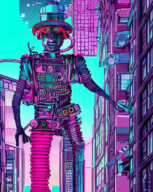 Image similar to mcyberpunk tinman, from the wizard of oz, teal and pink color scheme, hyper detailed danguiz, cyberpunk city street background
