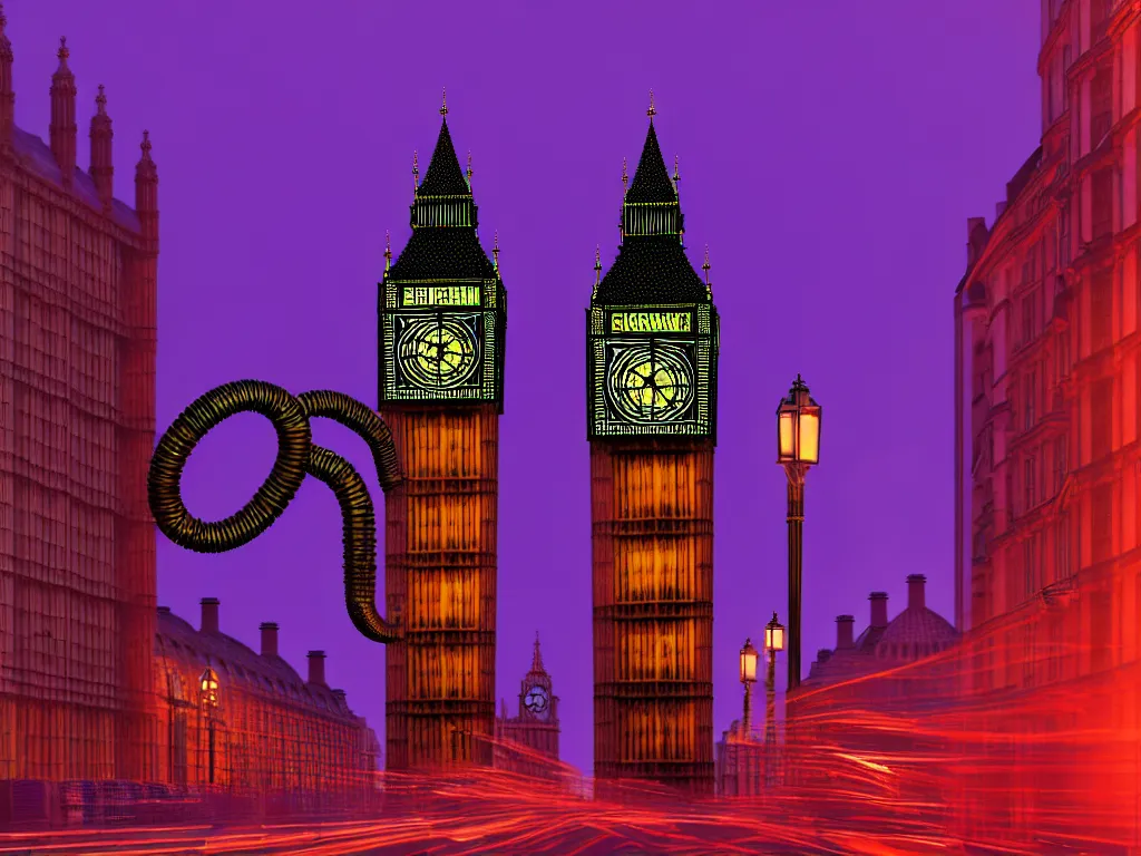 Image similar to a giant ancient beautiful cyborg of the elder gods with pipes and tubes in the city of London, London streets with bigben in the background, colourful, dramatic lighting, golden hour, very detailed octane render very realistic beautiful