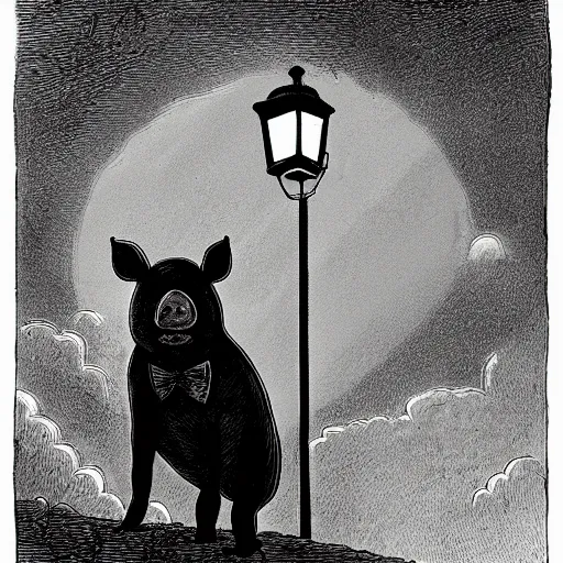 Image similar to standing pig in a tuxedo, moon, clouds, street lamp, high detail, eerie, street lamp, barn, creepy, dark, night, misty, moon, chiaroscuro, film noir, illustration by Gustave Doré,