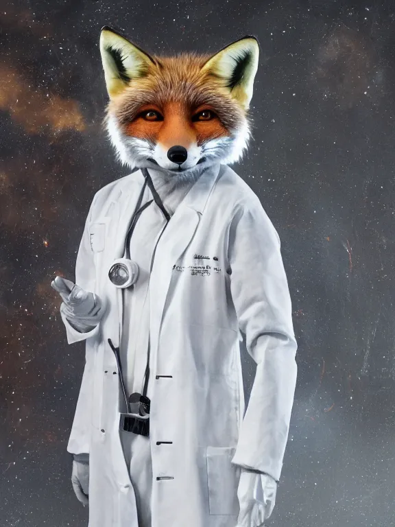 Prompt: a humanoid fox wearing a scientist white coat, chemicals on a white table in front of the fox, digital art, digital painting, masterpiece, anatomically correct, five fingers, cinematic, high coherence, realistic, high quality, highly detailed, 8 k, dramatic lighting, path traced, centered, high definition