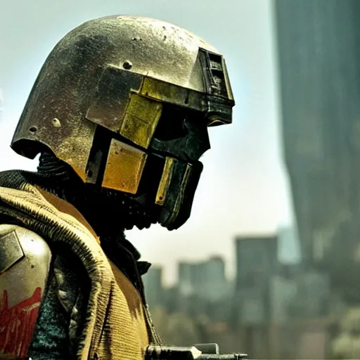 Image similar to cinematic, 4 k, full body portrait, rock golem as a soldier smoking a cigarette, still from the movie judge dredd
