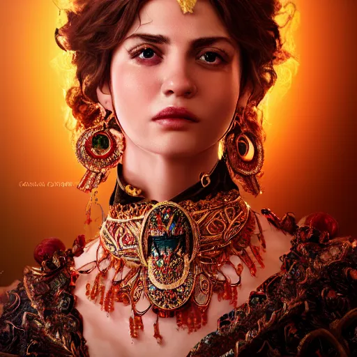 Image similar to photograph of wonderful spanish princess with smooth fair skin, alluring eyes, red jewelry, breathtaking, elegant, ornate, intricate, hyper detailed, accent lighting, dramatic light, 4 k octane render