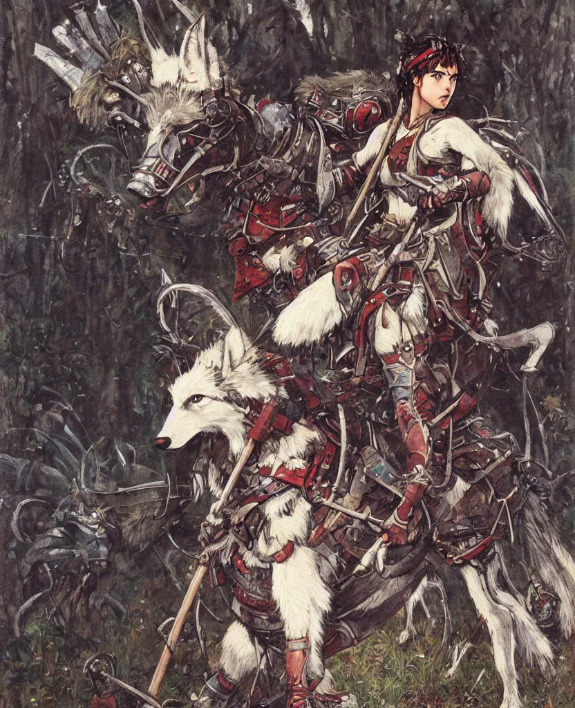 Prompt: portrait of fierce Princess Mononoke, fully clothed in armor, painted by norman rockwell, james gurney, denoised, sharp, architectural