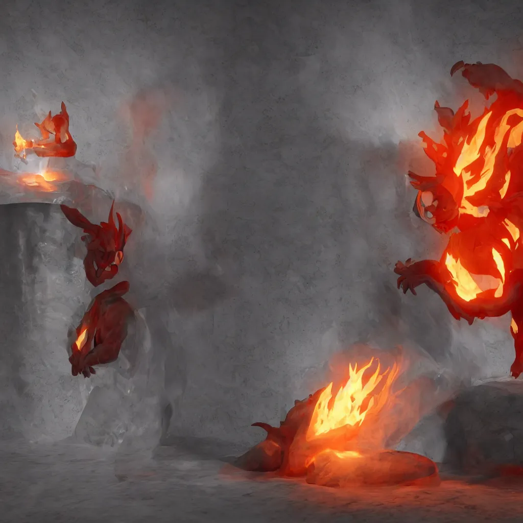 Image similar to a fire spirit chilling in a refrigerator, 3d render, ray tracing, 8k resolution, fantasy