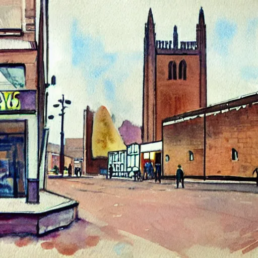 Prompt: coventry city centre, 1 9 6 0 s, watercolour