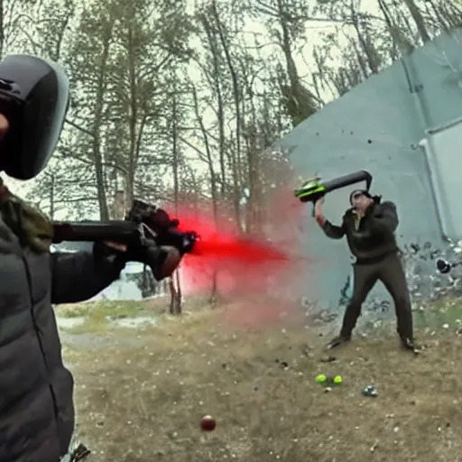 Prompt: gopro footage of putin's head being eviscerated by paintballs, ultra realism, cinematic lighting, retro