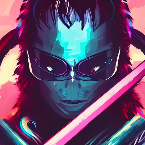 Image similar to katana zero video game character, huge sword, cyborg, synthwave art, colorful, digital art, thiago lehmann