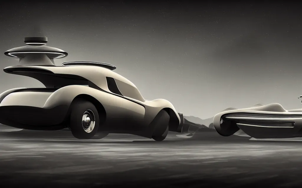 Prompt: landscape full cinematic scene of a futuristic 1 9 5 0's classic car in a future bladerunner art - deco fusion style, concept car 4 k realistic photorender digital art