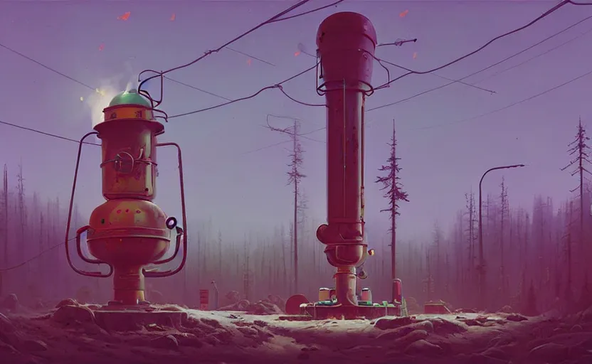 Image similar to by simon stalenhag, dead samovar, high quality details, one point perspective, denoise deep depth of field