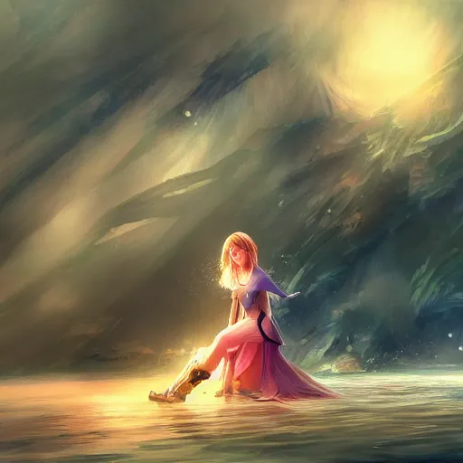 Prompt: girl drifting away, pixel by pixel floating away into the air. painting by the official Final Fantasy concept artist.