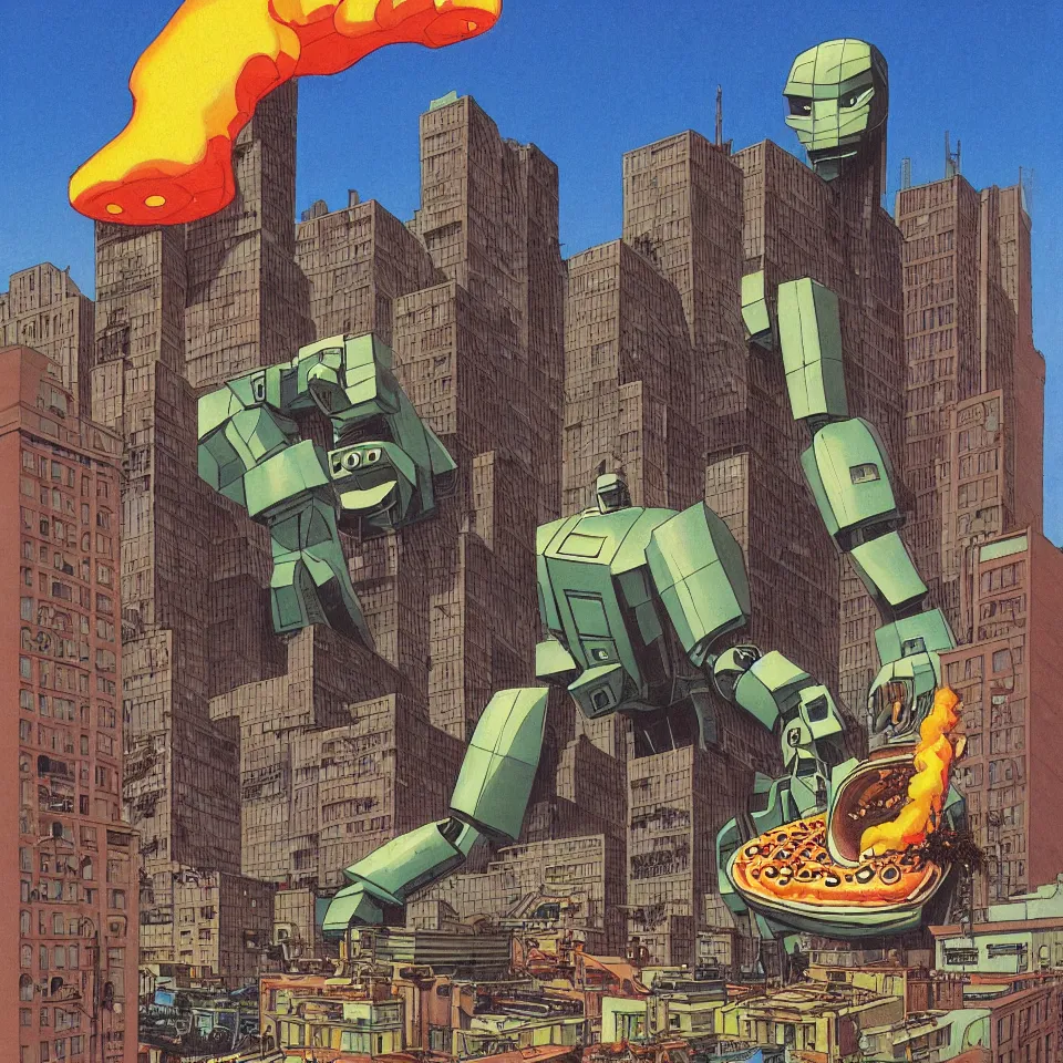Prompt: Giant robot desires to eat a massive glazed donut on top of one of the buildings is another building is on fire smoking and a crushed car is under the foot of the giant robot by Richard Corben