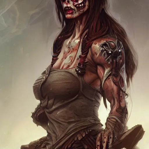 Image similar to muscular female zombie, deep focus, d & d, fantasy, intricate, torn clothing, highly detailed, digital painting, artstation, concept art, matte, sharp focus, illustration, hearthstone, art by artgerm and greg rutkowski and alphonse mucha