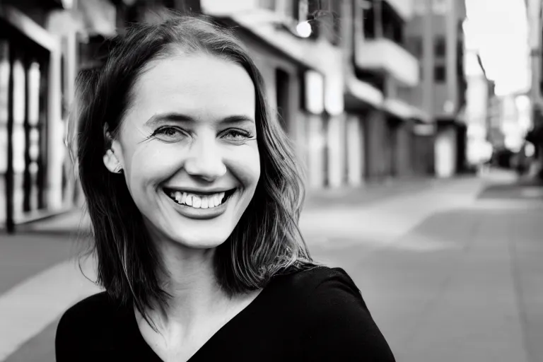 Image similar to still photo of a australian woman smiling at the camera on the street, black and white color aesthetic, highly detailed, photorealistic portrait, bright studio setting, studio lighting, crisp quality and light reflections, unreal engine 5 quality render