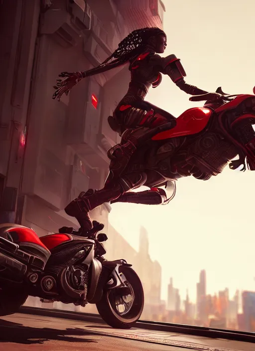 Prompt: a woman riding on the back of a red motorcycle, cyberpunk art by eddie mendoza, cgsociety contest winner, afrofuturism, rendered in unreal engine, unreal engine 5, unreal engine